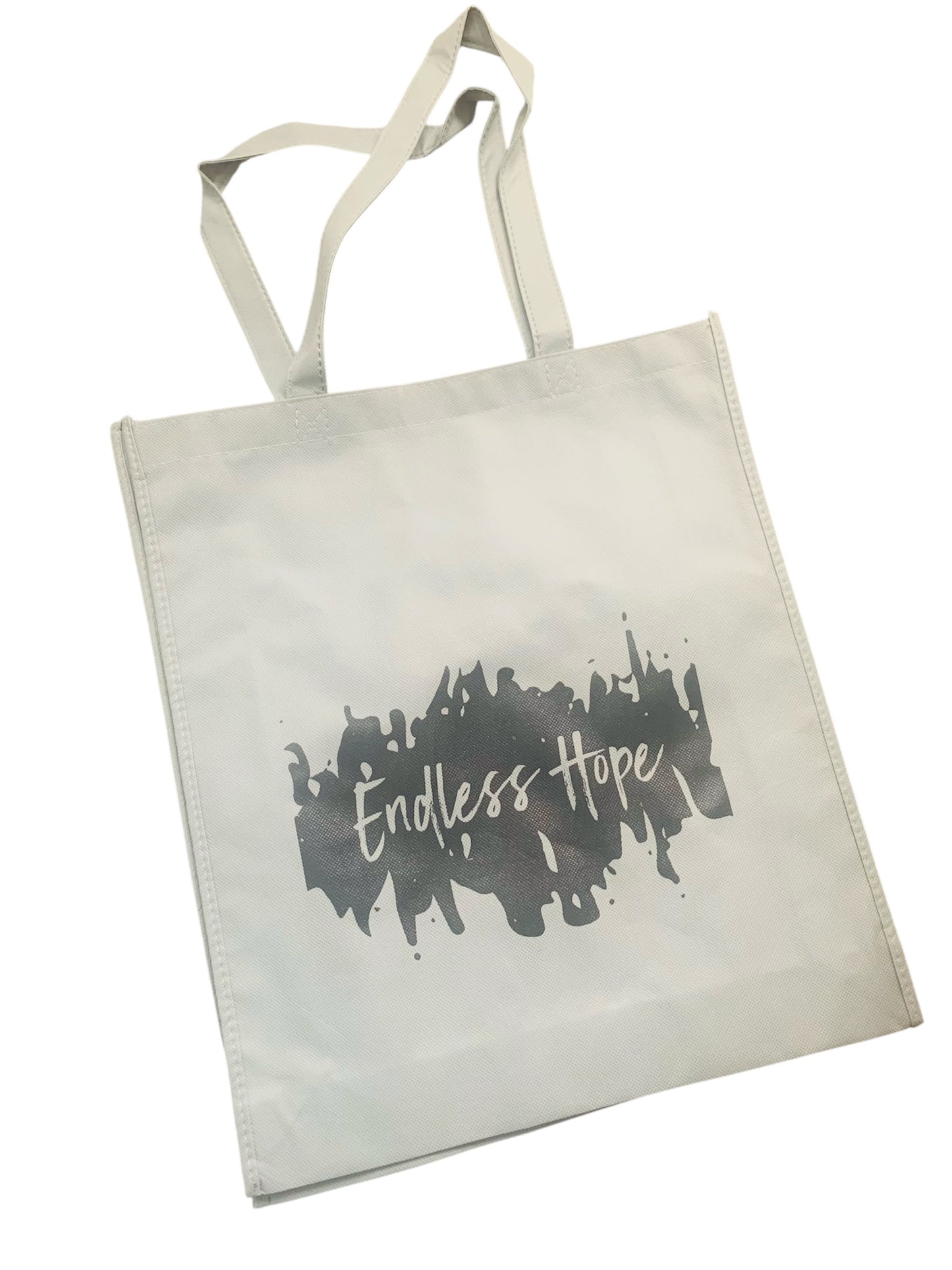 Eco friendly grey bag with black endless hope design on the front.