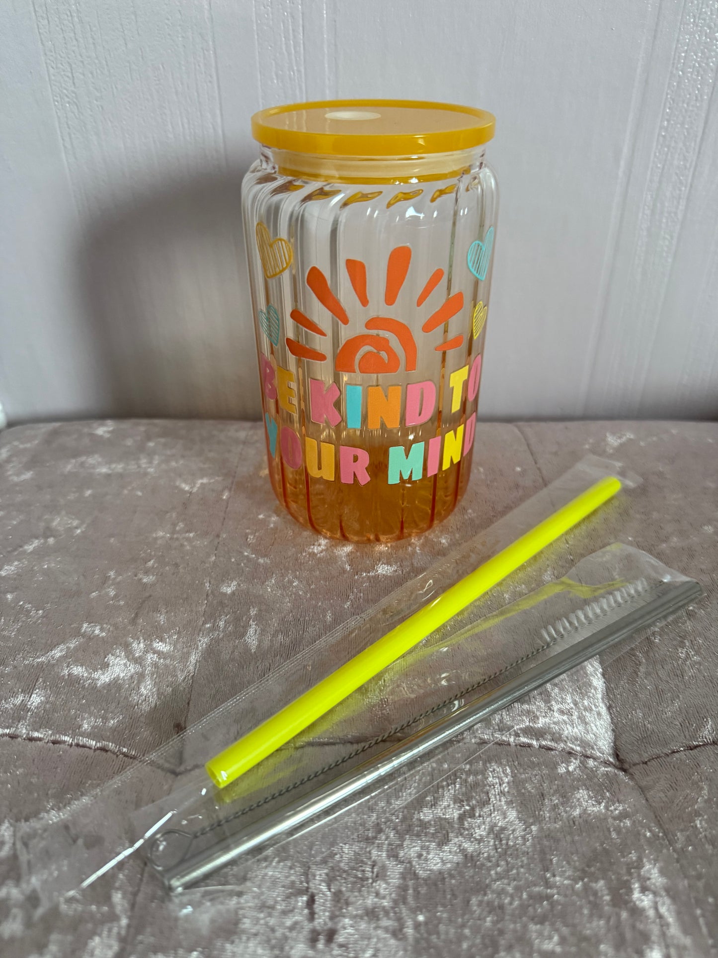 Drinking glass with straws, choice of designs.