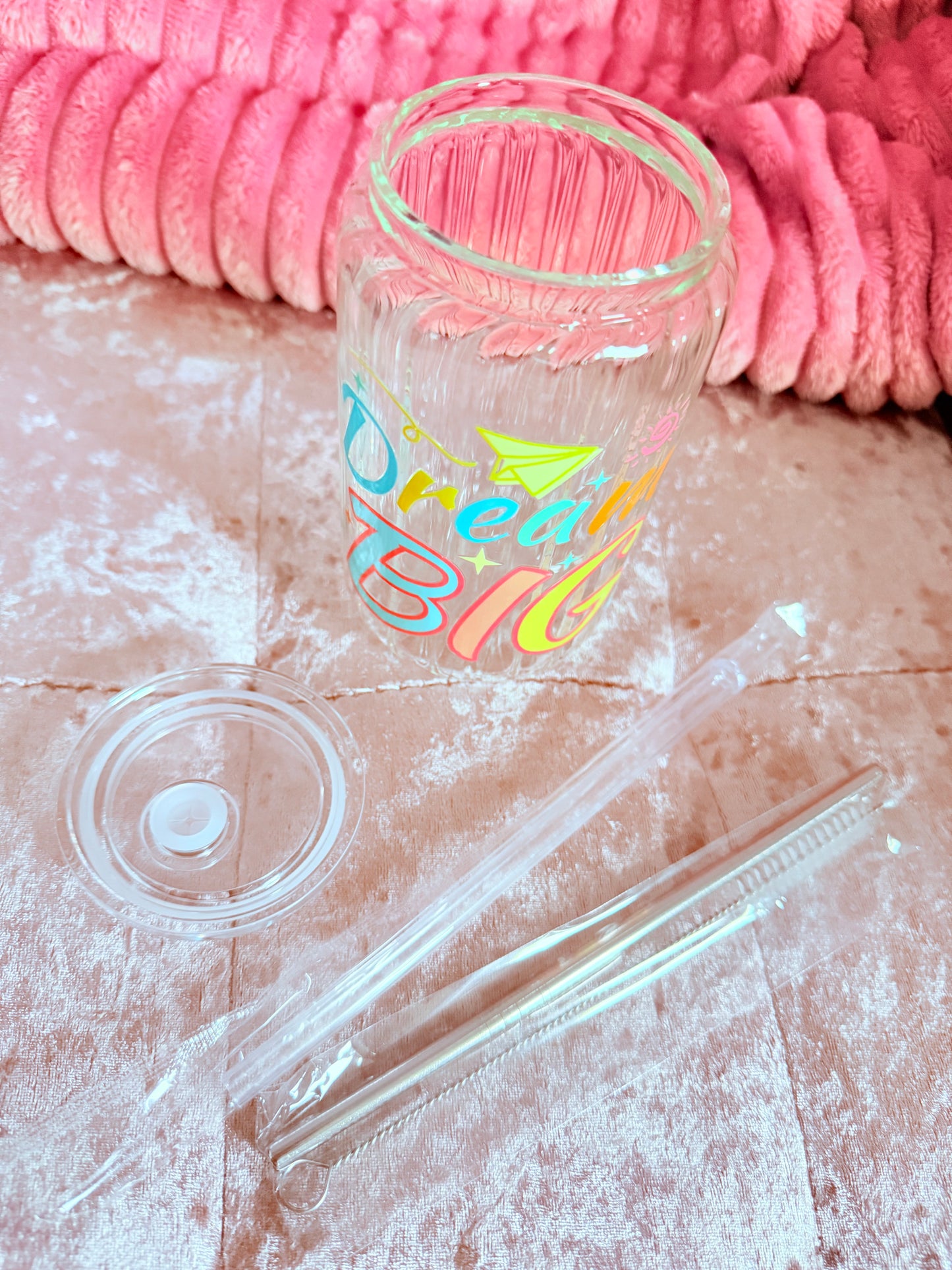 Drinking glass with straws, choice of designs.